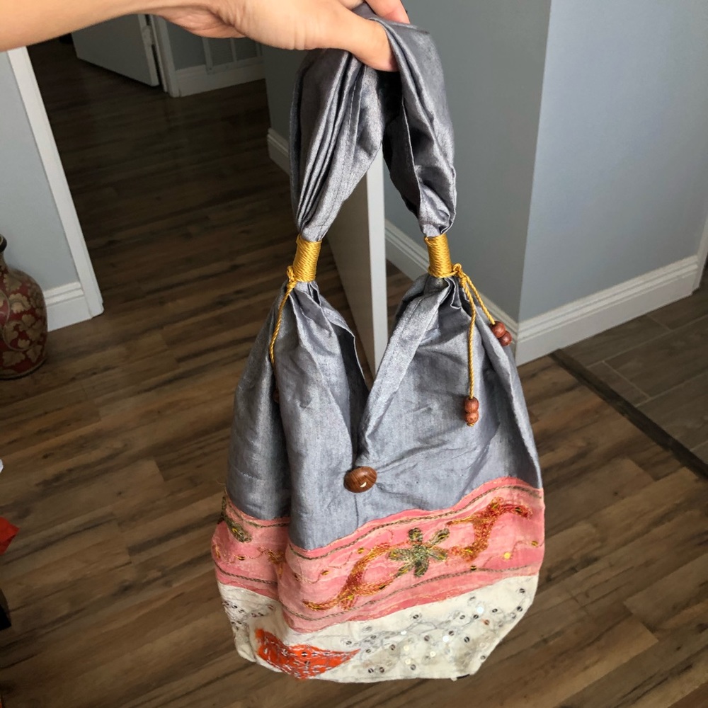 Faux raw silk small embroidered shoulder bag/tote